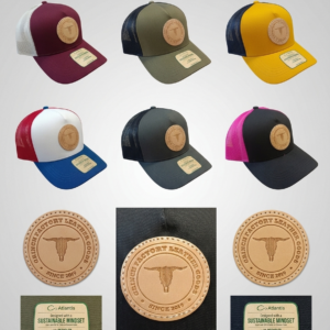Collection de casquettes trucker Grinch Factory avec patch en cuir véritable, montrant les différents coloris disponibles (kaki, jaune, bordeaux, bleu/blanc, noir/rose, gris).